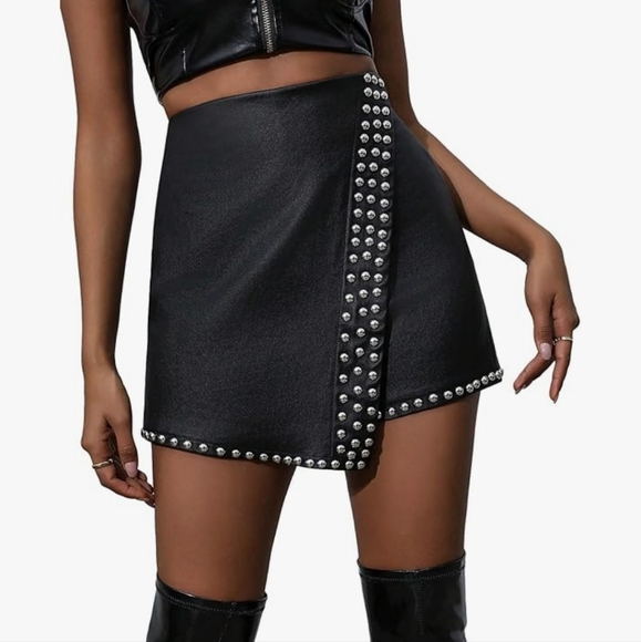 Black Faux Leather Studded Mini Skort - Picture 1 of 13